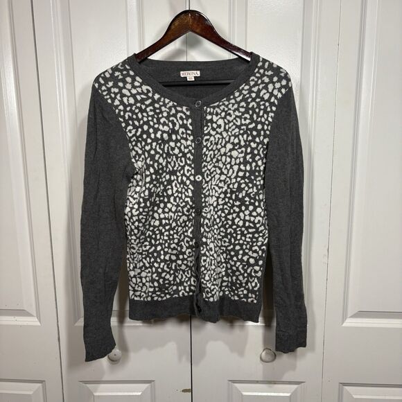 Merona Cardigan Sweater Womens M Gray Leopard Animal Print Boho Fall Layering - Picture 1 of 7